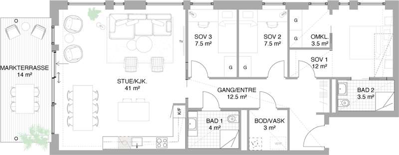 

Standard planløsning: 4-roms leilighet


